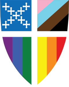 The Episcopal Church Pride Shield, combining the traditional shield symbol of the Episcopal Church with the Progress Pride flag.